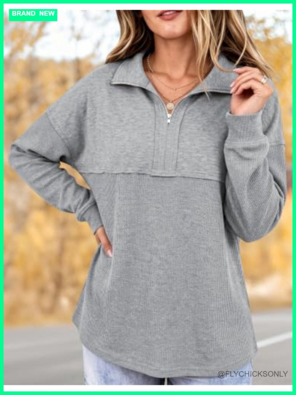 Waffle Knit Half Zip Sweatshirt Women Loose Pullover Long Sleeve Top - Picture 2 of 6